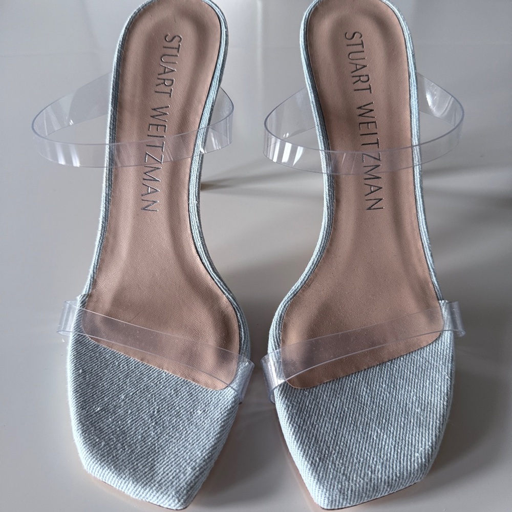 Stuart Weitzman Women's BRAND NEW Chic denim pump with clear straps.